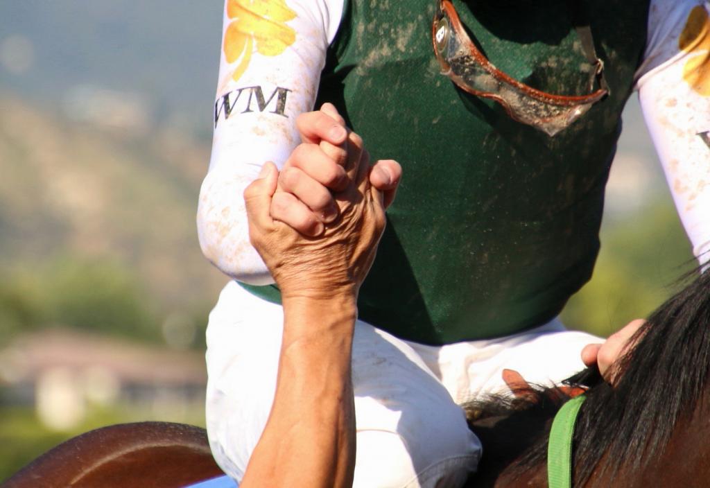 Handshake with jockey Brice Blanc. (Julie June Stewart photo)